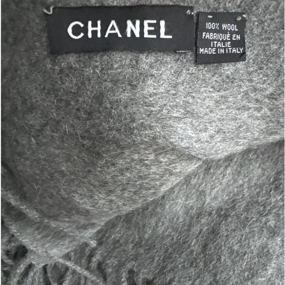 Chanel Scarf Gray Quiet Luxury Wool Floral Applique Fringe Old Money Mob Wife